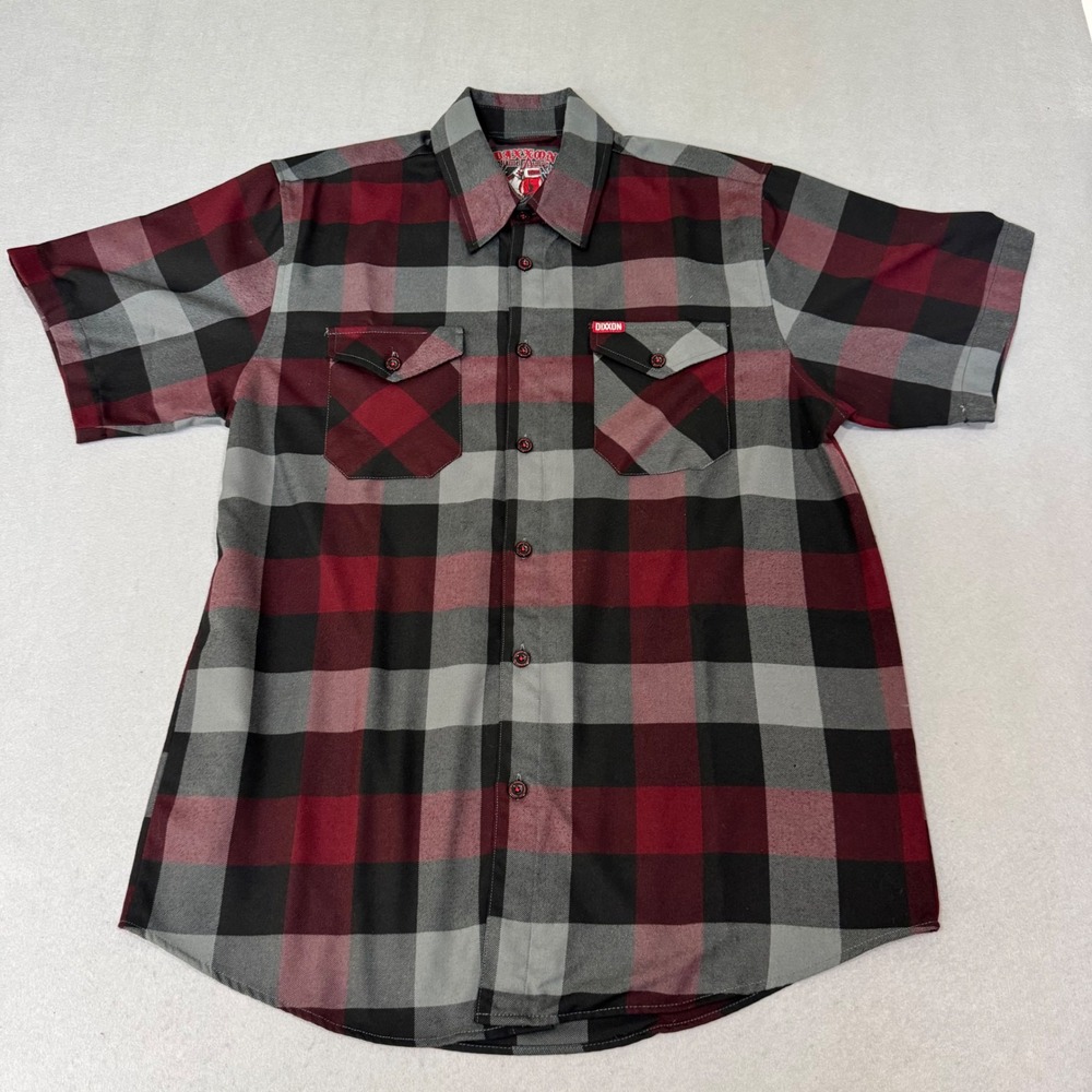 Dixxon Flannel The Brawler Shirt Men L Red Grey Black Buffalo Plaid Short Sleeve
